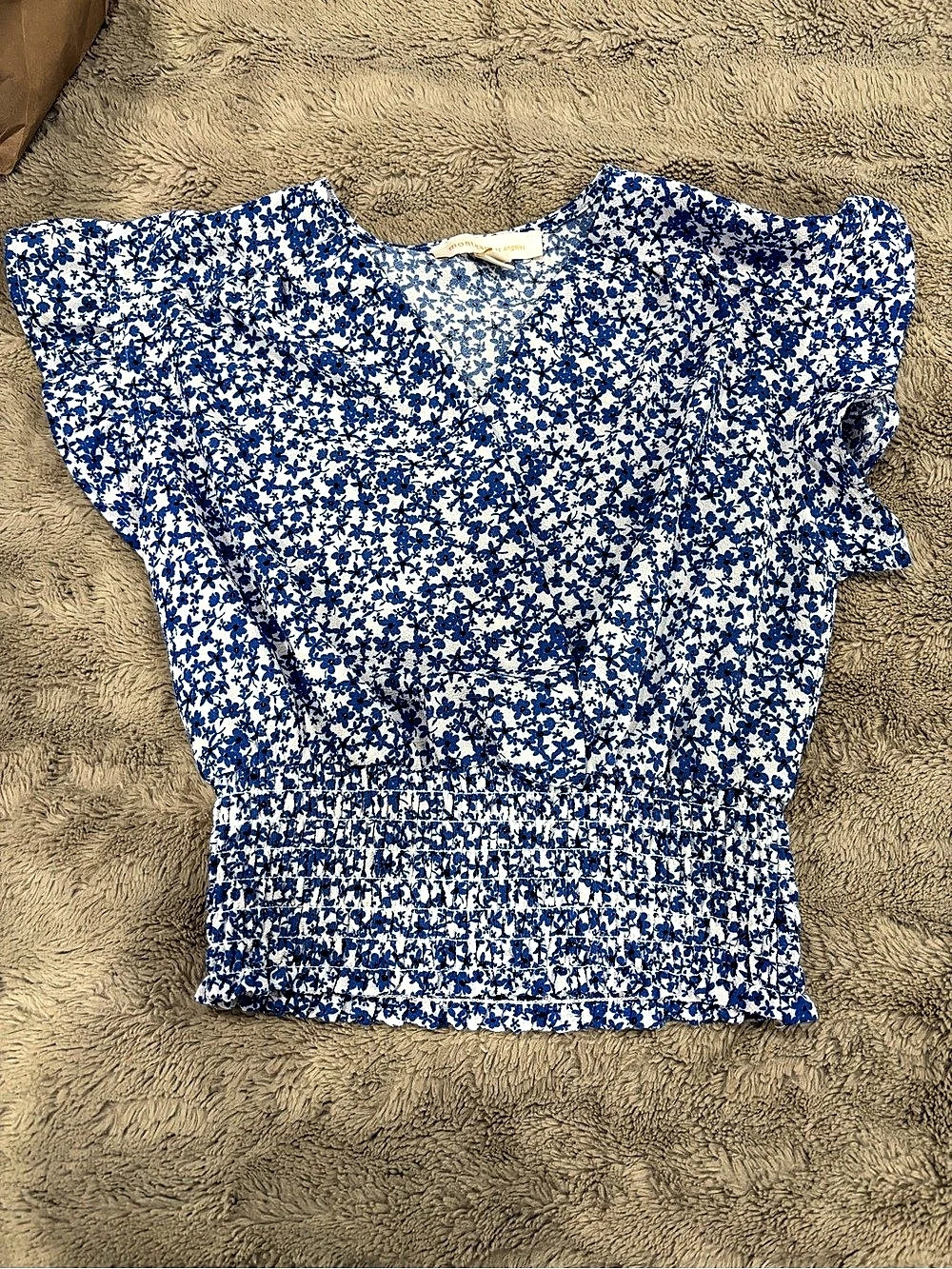 Monteau Los Angeles Blue Ditsy Floral Smocked Waist Crop Top Large